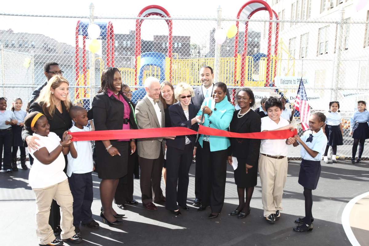Out2Play cuts ribbon on P.S. 90 playground