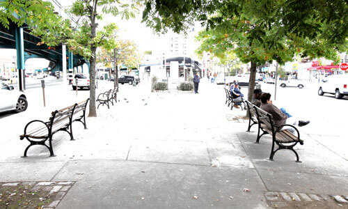Keane Square Park benches gone|Keane Square Park benches gone