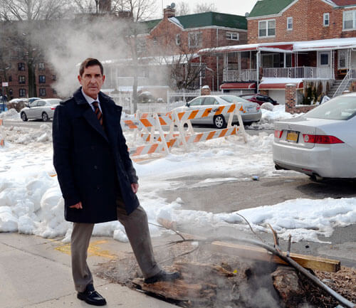 Locals steaming over steam coming from pipe near Pelham Houses