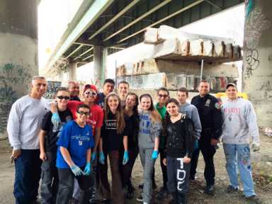 Youth and 45th Precinct paint over graffiti under Bruckner Interchange|Youth and 45th Precinct paint over graffiti under Bruckner Interchange