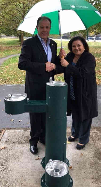 Parks, Gjonaj introduce three-way drinking fountain at BX Park East