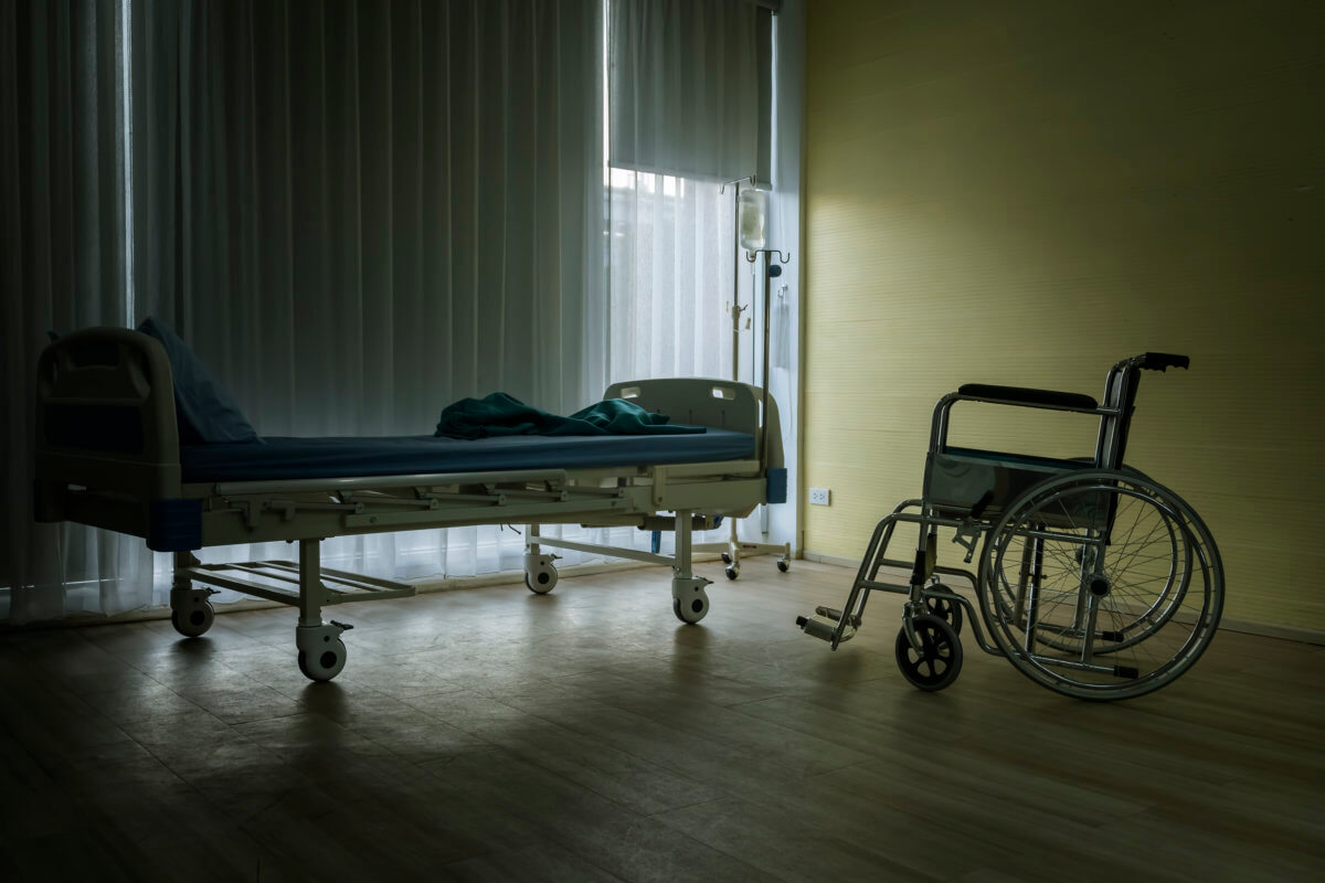 wards that have only beds and wheelchairs without sick people in a depressed atmosphere