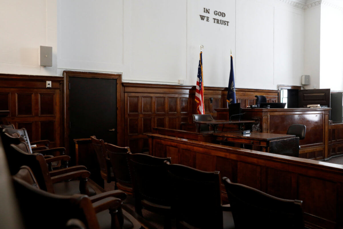 An empty jury box is seen at the New York State Civil Supreme Court in Manhattan, New York City