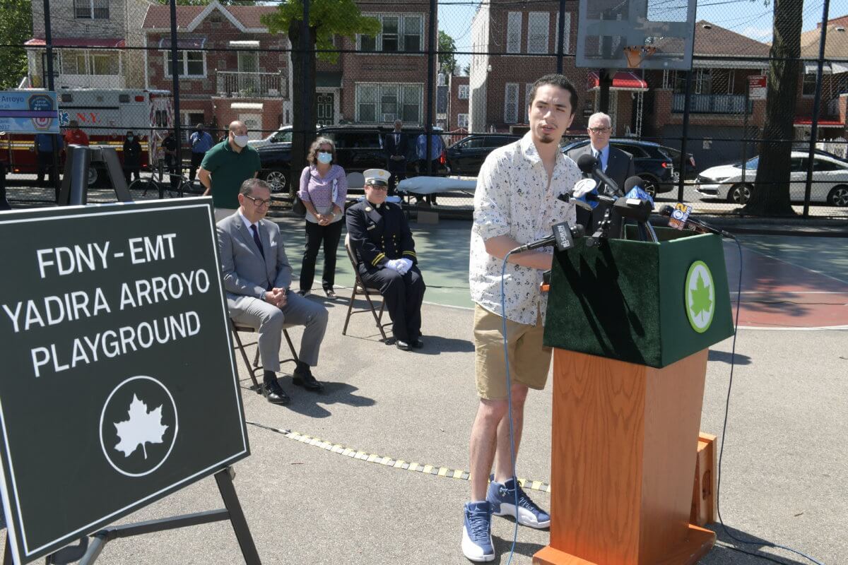 Yadira Arroyo's son Jose gives a speech at the playground renaming ceremony commemorating his mother in the Bronx in 2021. Arroyo, a mother of five and 14 year veteran EMT with the FDNY, was killed while on duty in March 2017.