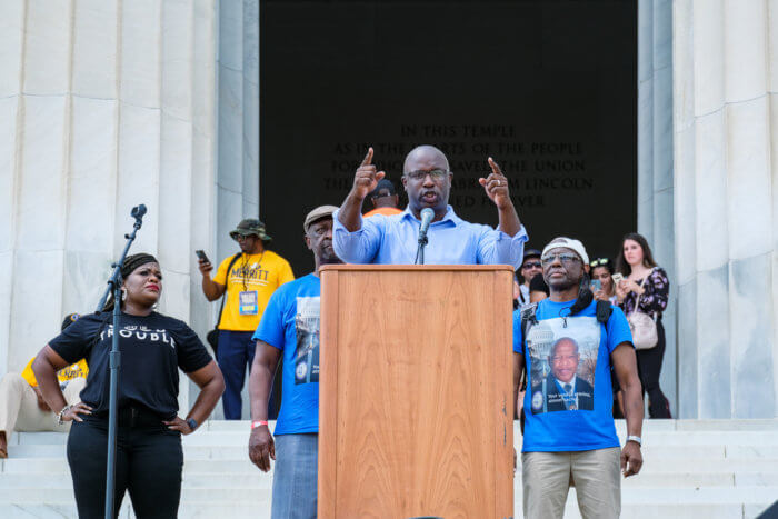 U.S. Rep. Jamaal Bowman speaks at rally in Washington D.C. on Aug. 28, 2021. Standing in front of the Lincoln Memorial, Bowman addressed the crowd on the 58th anniversary of Martin Luther King's "I Have a Dream" speech.