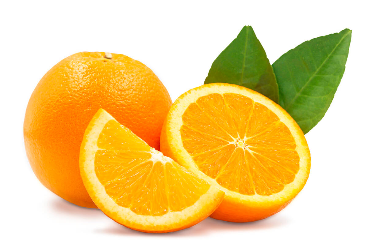 Whole, cross section and quarter of fresh organic navel orange with leaves in perfect shape on white isolated background, clipping path. Orange have vitamin c, sweet and delicious. Fresh fruit concept
