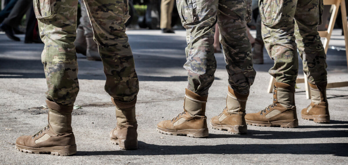 Closeup of Soldiers in a row. Detail of Military boots and camouflage uniforms.