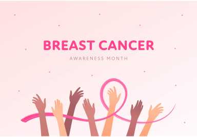 Breast cancer prevention concept. Vector flat illustration. Health care banner template. Pink ribbon symbol around multiethnic human hands. October cancer awareness month. Design element