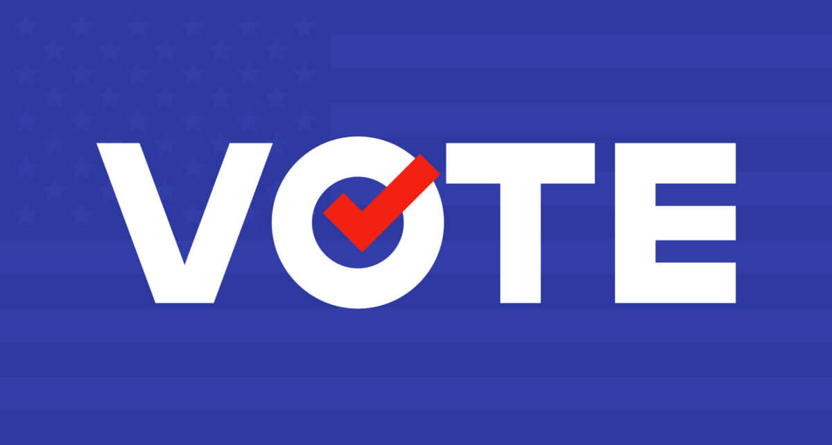 Vote. United States of America presidential election day. Design elements for USA political event. Vote Stylized Text on blue background.