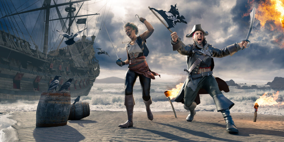 Pirates On Beach Holding Flag and Cutlass Near Pirate Ship