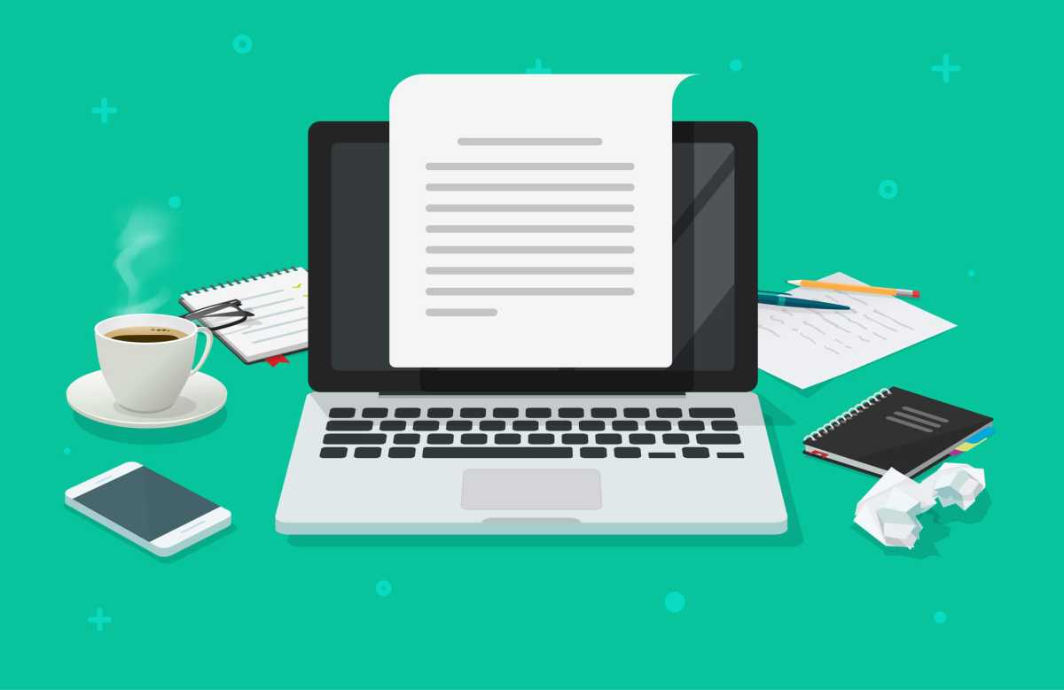 Writer workplace and computer paper sheet vector illustration, flat cartoon 3d copywriter workspace table creating electronic text book top view, writing letter or journal via laptop, journalism idea