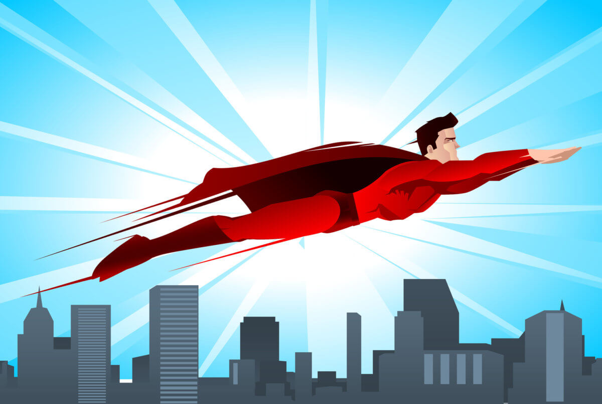 Superhero flying over the city
