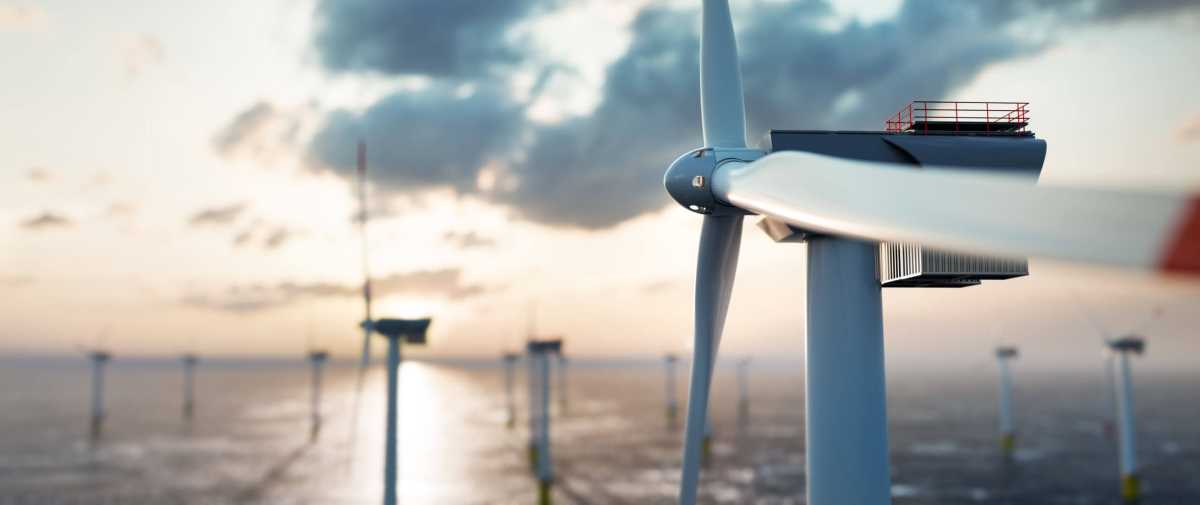 Offshore wind power and energy farm with many wind turbines on the ocean