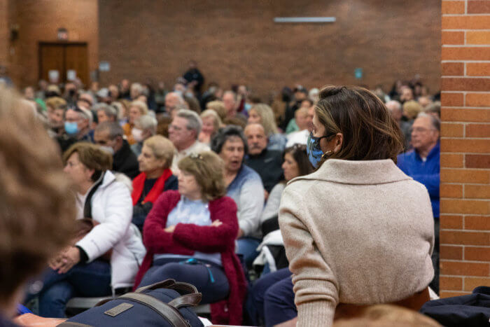 Councilmember Marjorie Velázquez sits at the April meeting to discuss the Bruckner proposal