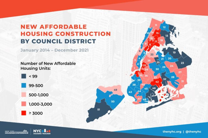 a map shows the council districts in NYC broken up by color categorizing them by how many affordable housing units were built