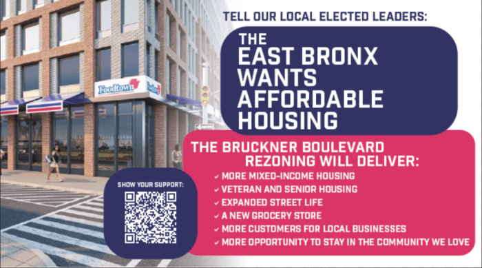 an advertisement saying the east Bronx wants affordable housing