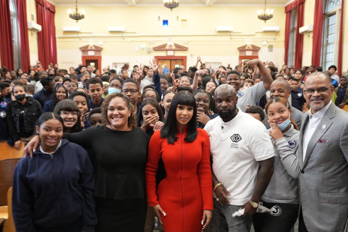 Cardi B visits her Bronx middle school on Tuesday, Sept. 13, 2022.
