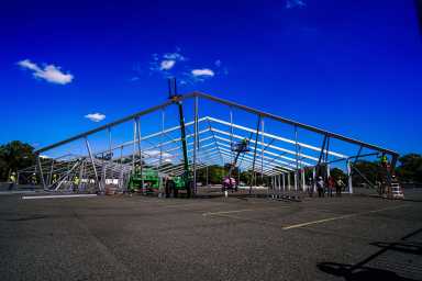 Construction on a humanitarian relief center for asylum seekers begins on Tuesday, Sept. 27 in Orchard Beach, Bronx.