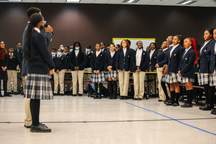 Students speak during Sean "Diddy" Combs' visit at Capital Preparatory Bronx Charter School on Tuesday, Oct. 18, 2022.