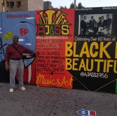 Bob Shows off his image and name in a mural display on the section of El Barrio. The mural was created by 320 Arts under the nonprofit organization Uptown Grand Central on 125th Street between Park and Lexington avenues.