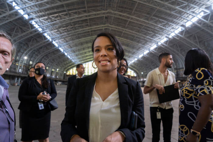 City Councilmember Pierina Sanchez tours the Kingsbridge Armory.