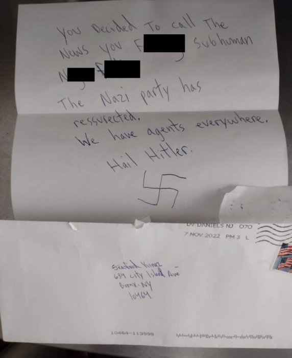 letter sent to Seafood Kingz with a swastika on it