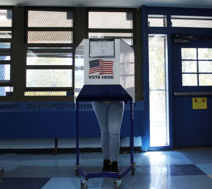 person standing in voting booth