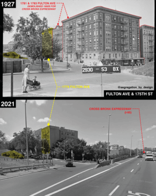 Images from before and after construction of the Cross-Bronx Expressway at Fulton Avenue and East 175th Street.