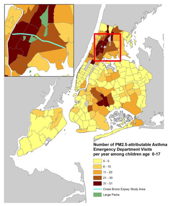 A map of air pollution-driven asthma emergency department visits for children under age 18.