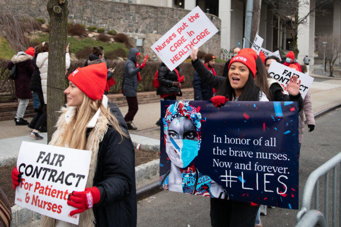 Nurses rally outside the Montefiore campus on Eastchester Road in the Bronx as part of a citywide strike. 