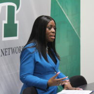 Bronx Borough President Vanessa Gibson speaks to Manhattan College athletes during a celebration for National Girls & Women in Sports Day and 50th anniversary of Title IX celebration on Thursday, Feb. 2, 2023.