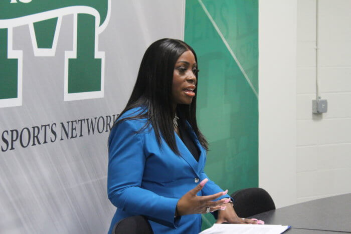 Bronx Borough President Vanessa Gibson speaks to Manhattan College athletes during a celebration for National Girls & Women in Sports Day and 50th anniversary of Title IX celebration on Thursday, Feb. 2, 2023.