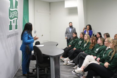 Bronx Borough President Vanessa Gibson speaks about the importance of women in athletics during a celebration for National Girls & Women in Sports Day and 50th anniversary of Title IX celebration at Manhattan College on Thursday, Feb. 2, 2023.