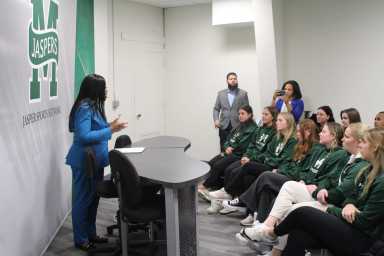 Bronx Borough President Vanessa Gibson speaks about the importance of women in athletics during a celebration for National Girls & Women in Sports Day and 50th anniversary of Title IX celebration at Manhattan College on Thursday, Feb. 2, 2023.