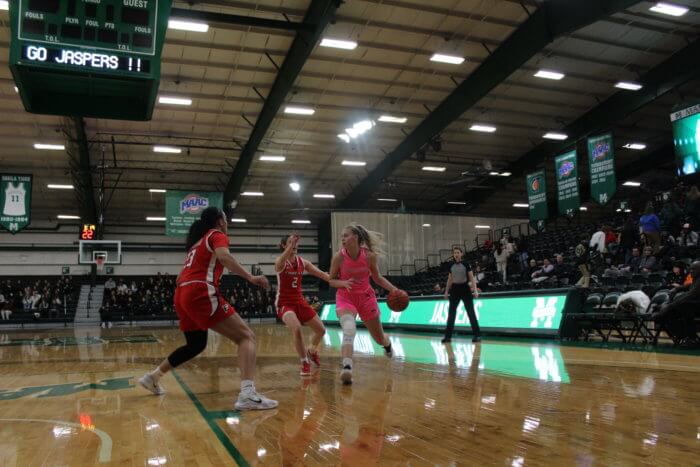Manhattan College's Helena Galunic makes a break for the basket during a game against Fairfield University on Thursday, Feb. 2, 2023. Athletes and elected officials, including Bronx Borough President Vanessa Gibson, celebrated National Girls & Women in Sports Day and 50th anniversary of Title IX during the game.