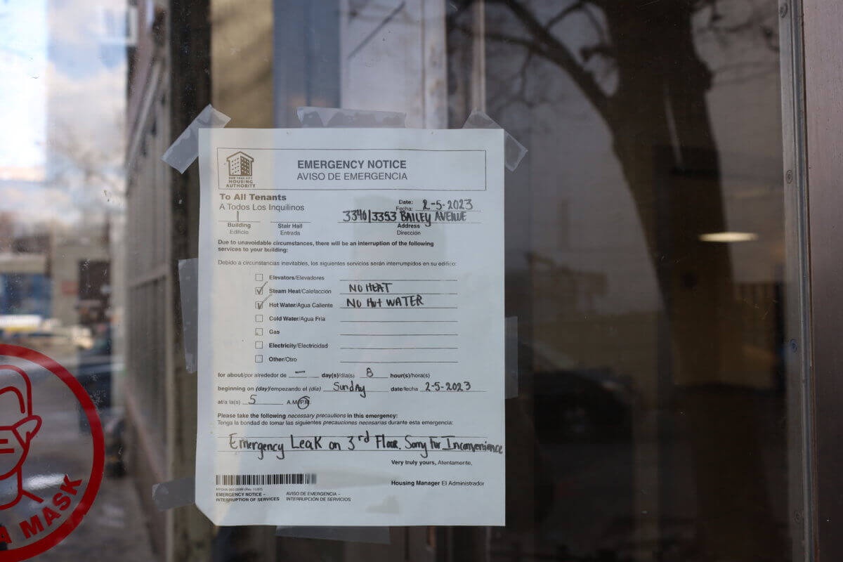 As temperatures reached single digits, NYCHA residents experienced heat and water outages, as seen in this NYCHA notice from Feb. 5, 2023.