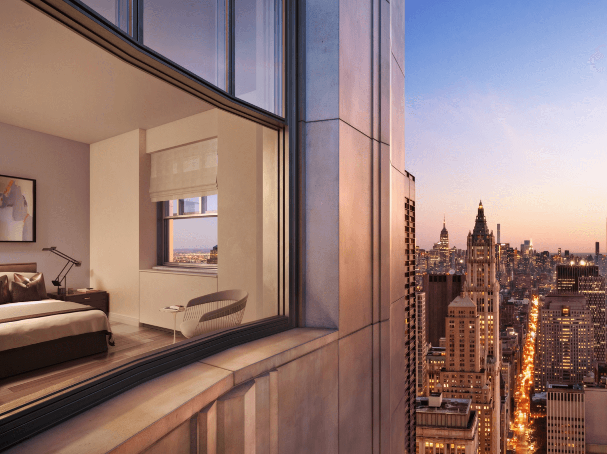 A rendering depicts views from One Wall Street, New York’s biggest office-to-residential conversion.