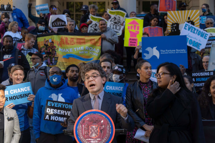 Council Member Lincoln Restler at rally for City Council Progressive Caucus last fall.