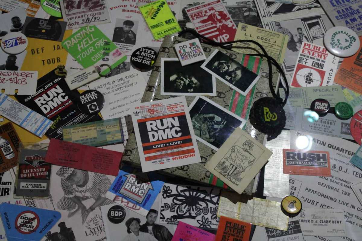A coffee table in the Dapper Dan Lounge portion of the Universal Hip Hop Museum’s in June 2022.