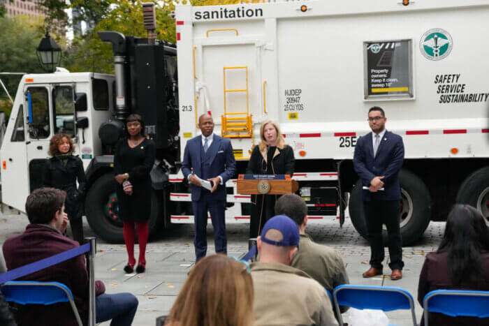 DSNY Commissioner Jessica Tisch announces new garbage set out times with Mayor Eric Adams on Monday, Oct. 17, 2022.