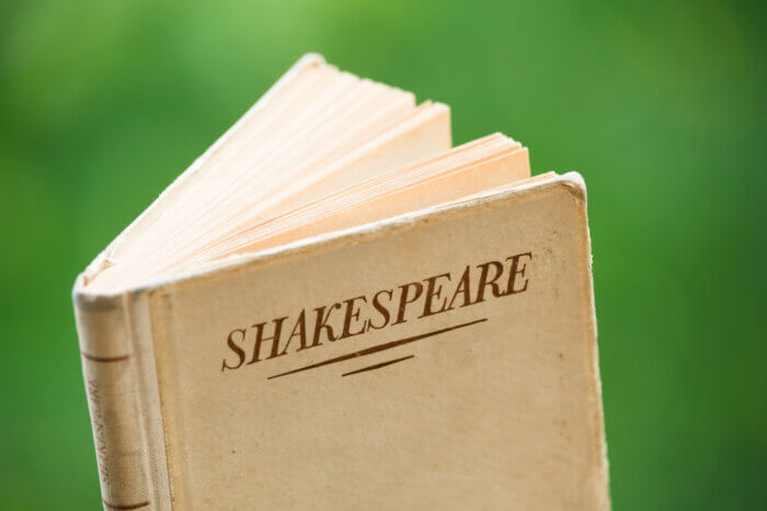Book by Shakespeare against a natural green background.