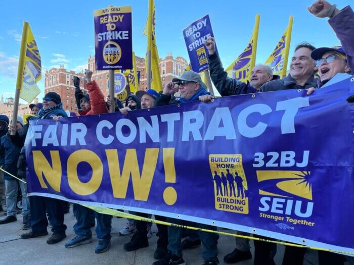 Bronx residential building workers rally last week, as a potential strike looms over contract negotiations with the Bronx Realty Advisory Board.