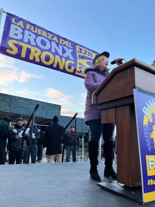 Shirley Aldebol asks a sea of union members, battling windy conditions Wednesday evening, if they were willing to strike next week if a new union contract isn’t reached — the answer was an emphatic yes.