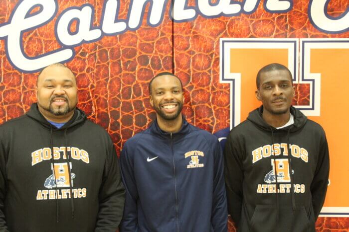 From left to right: Marquee Poole, Harold Barter III, and Dwight Shaw pose at the Hostos gym on Thursday, March 16, 2023.