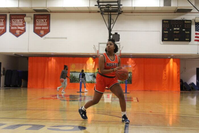Freshman Vanecia Brown comes up for a jump shot at a Hostos open gym on Thursday, March 16, 2023.