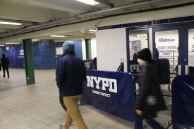 An NYPD transit office is seen at Brooklyn subway station on Saturday, March 25, 2023.