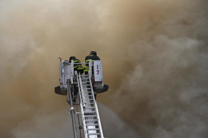 Visibility was minimal as firefighters battle the blaze in the Bronx on Sunday, March 5, 2023.