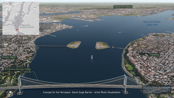 Digital rendering of the proposed Verazanno Storm Surge Barrier.
