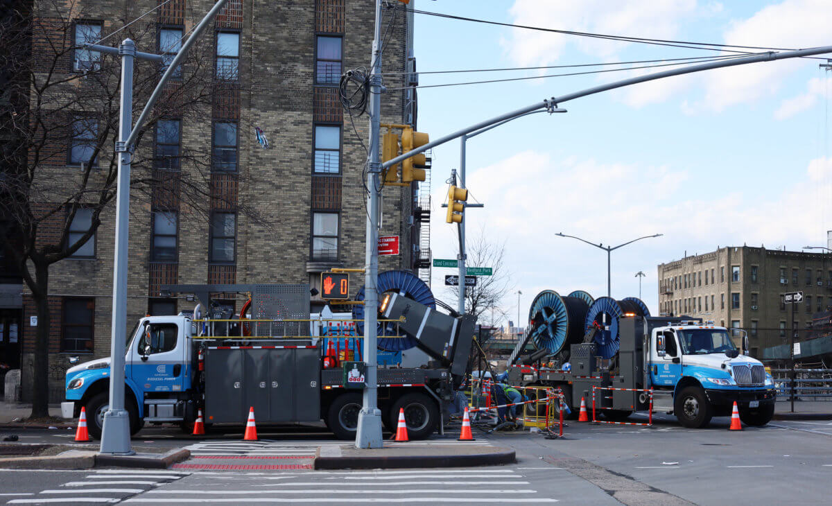 Con Edison trucks at work on the corner of Bedford Park Blvd. and the Grand Concourse. Members of CB7 voted to support the fifth phase of the Grand Concourse reconstruction project on Tuesday, Feb. 28, 2023.