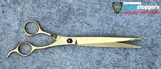 The scissors the NYPD recovered from the 39-year-old on Friday, April 21, 2023. An officer shot the man while responding to a call in Morrisania.